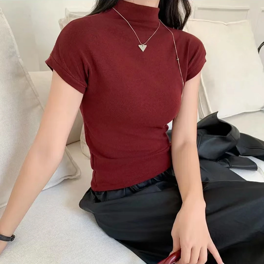 春装百搭显瘦高弹力短袖T恤女外穿内搭打底衫设计感半高领上衣