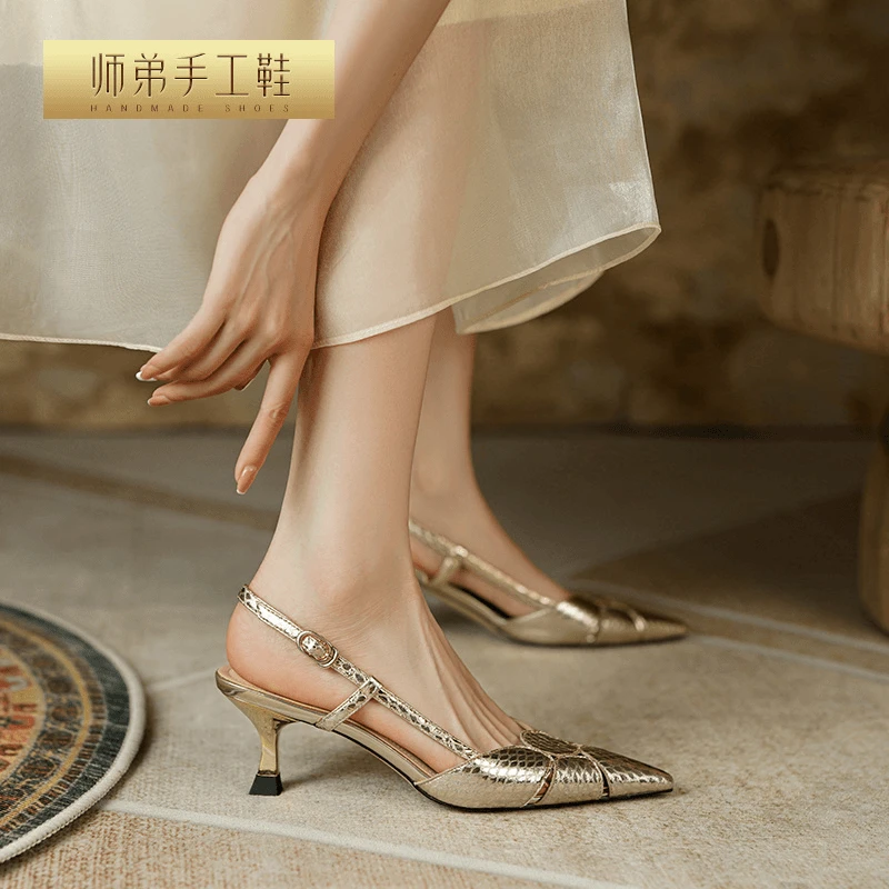 牛皮/5cm/夏季新款高跟鞋女细跟一字法式尖头镂空包头凉鞋L761-5