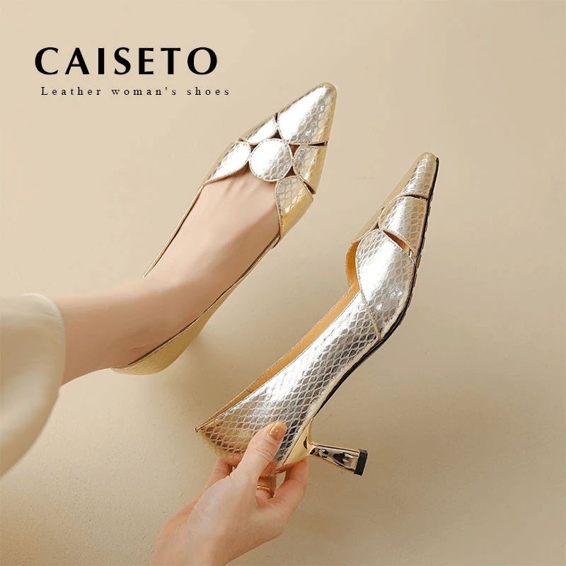 牛皮/5CM透气镂空单鞋女士细跟尖头2025百搭时尚浅口女鞋24D154