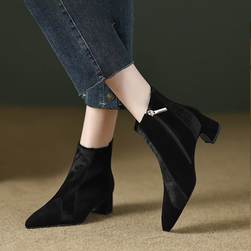 马毛/4.5cm新款短靴女粗跟百搭尖头真皮黑色中跟小靴子踝靴