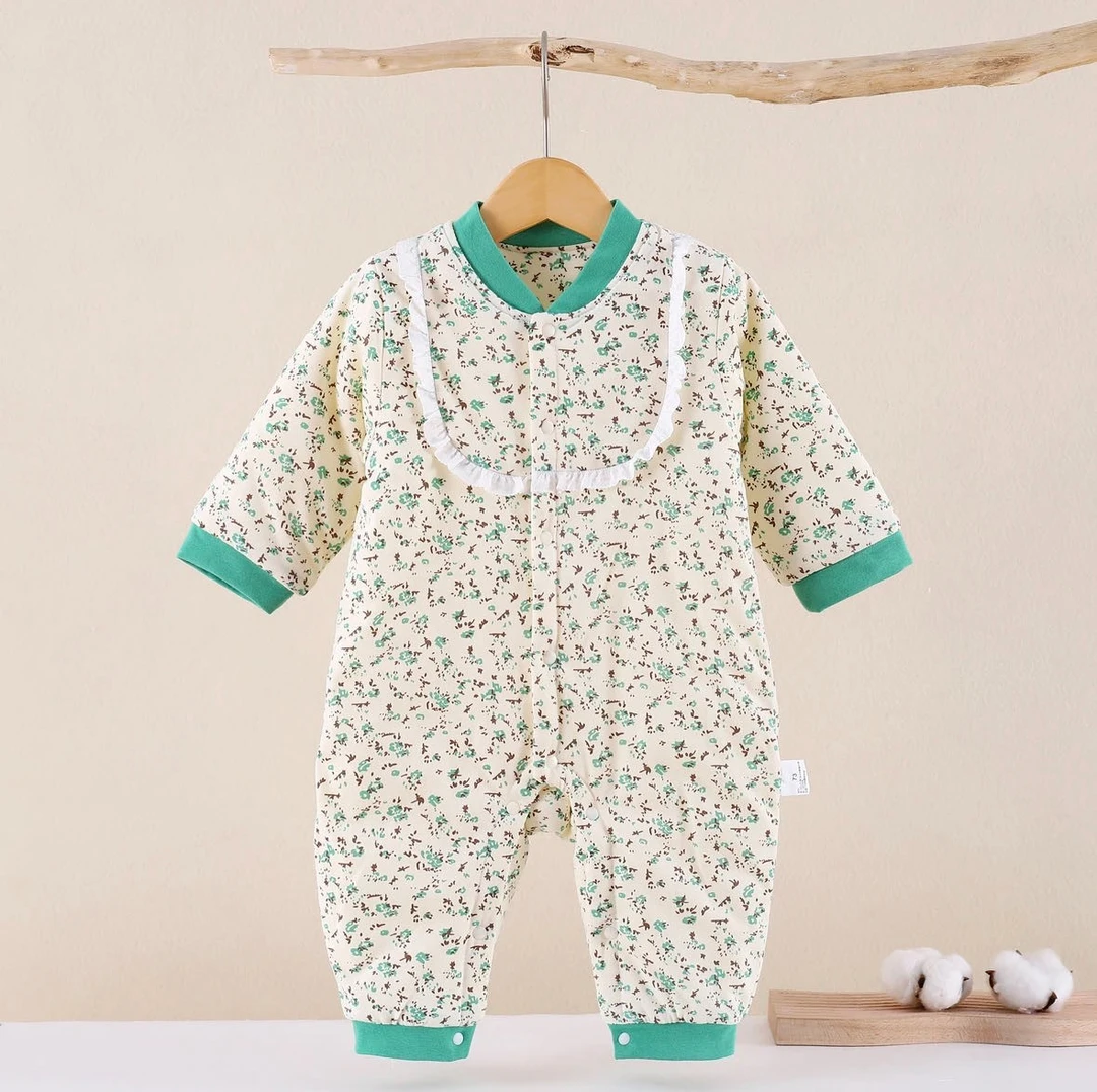 婴幼儿棉服连体衣无骨纯棉薄棉加厚女宝家居服宝宝外出爬服秋冬款