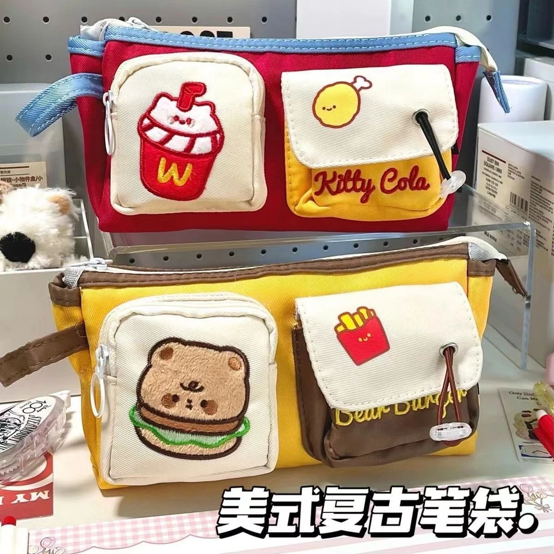 ins风可爱小熊汉堡笔袋新款高颜值女小学生大容量文具盒男孩小众