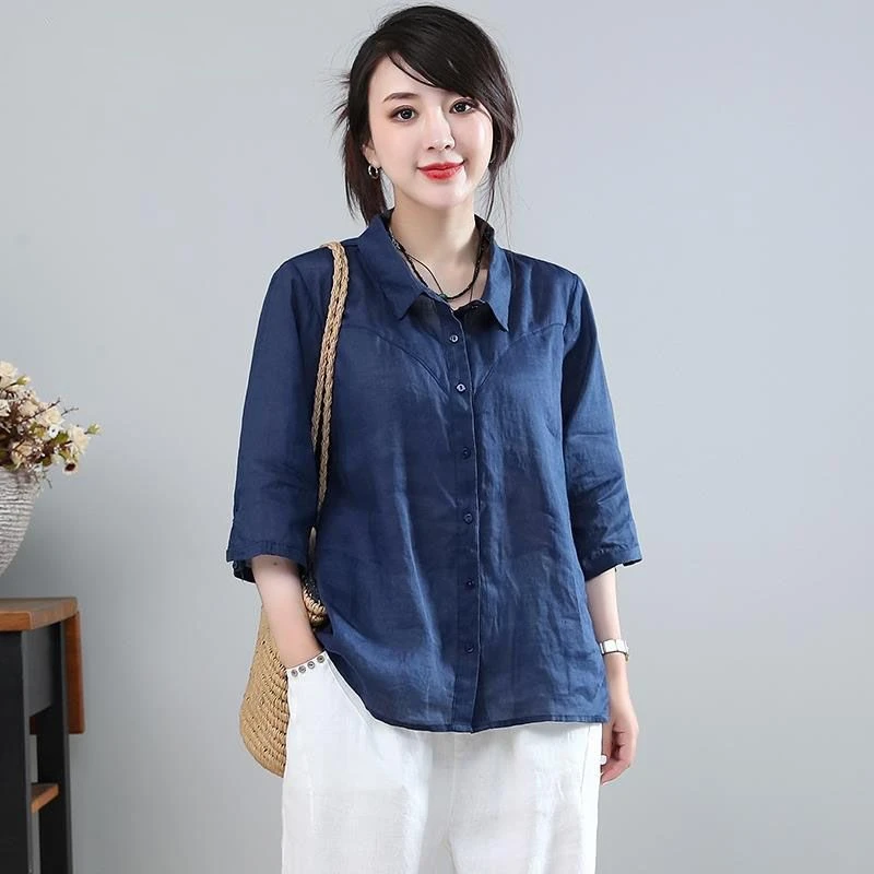 七分袖棉麻衬衫女2024夏季新款纯色休闲漂亮洋气小衫高端气质薄款