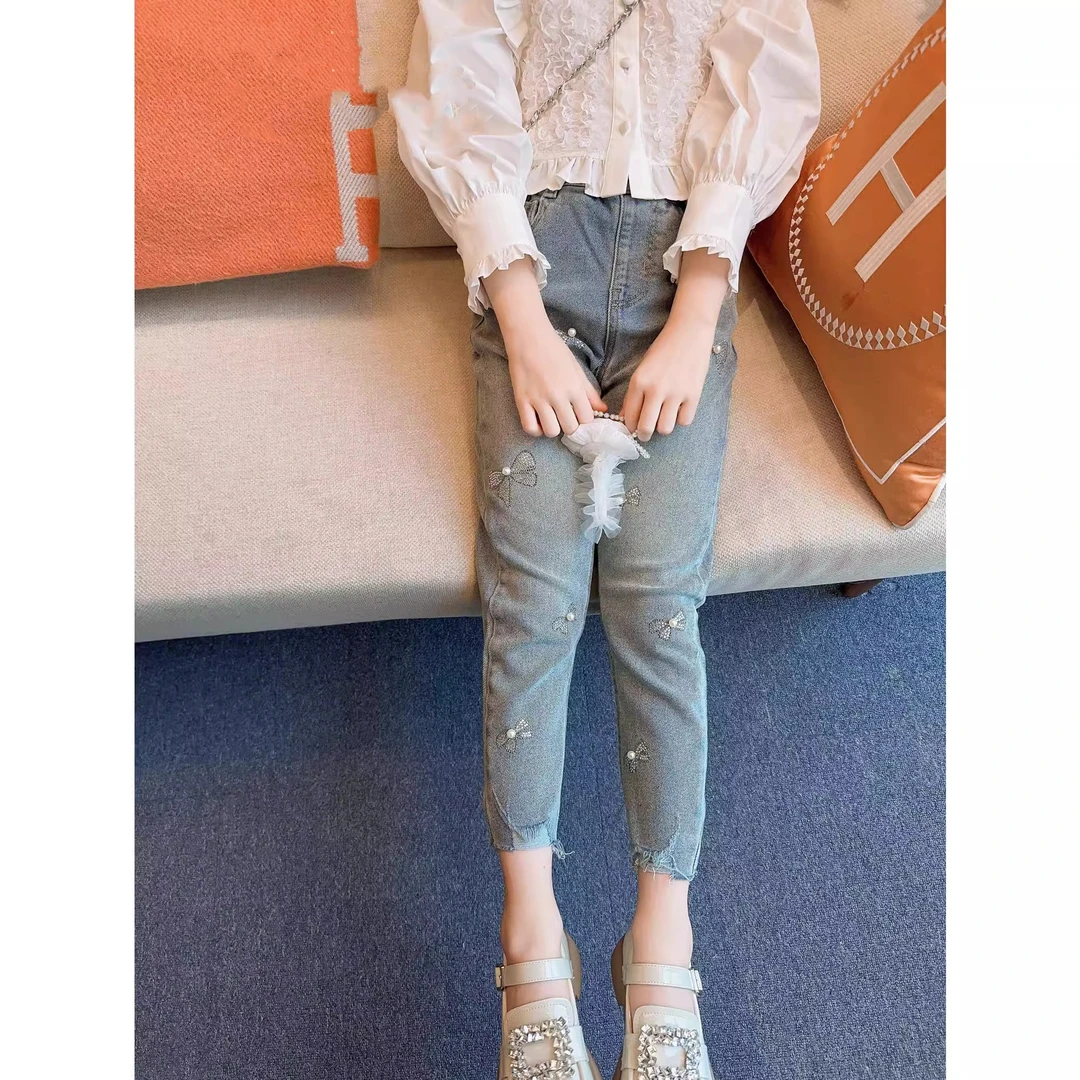女童裤子薄款牛仔裤春秋2024新款儿童中大童女孩烫钻弹力长裤夏装