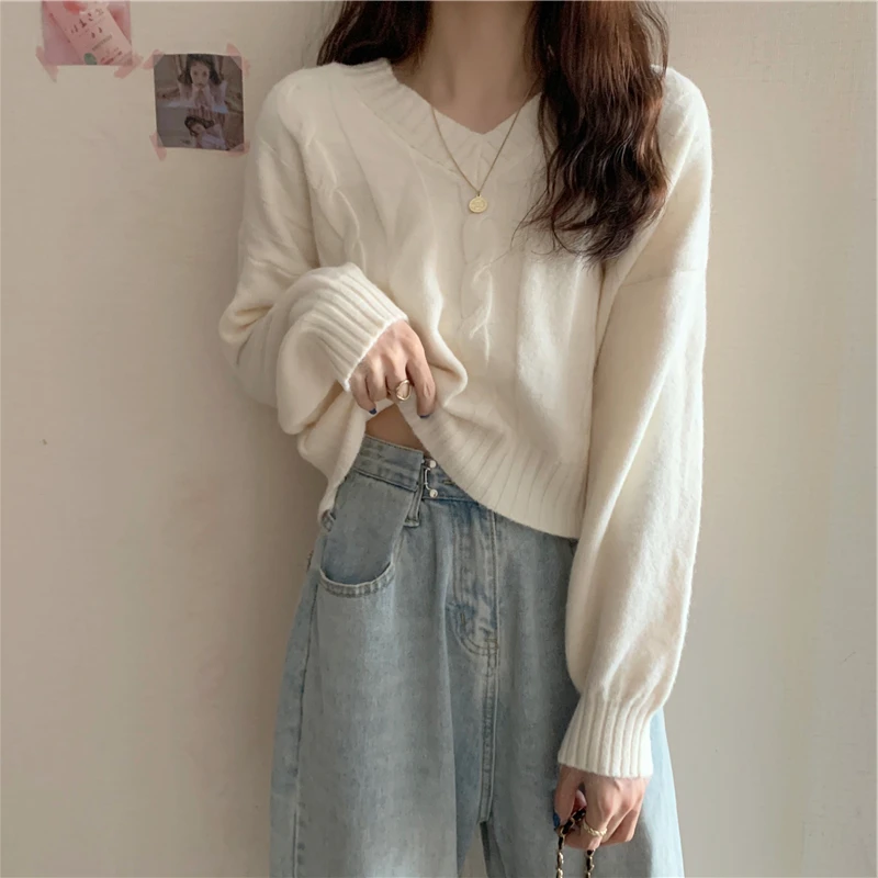 宽松慵懒风v领毛衣女外穿春秋薄款短款小个子长袖打底针织衫上衣