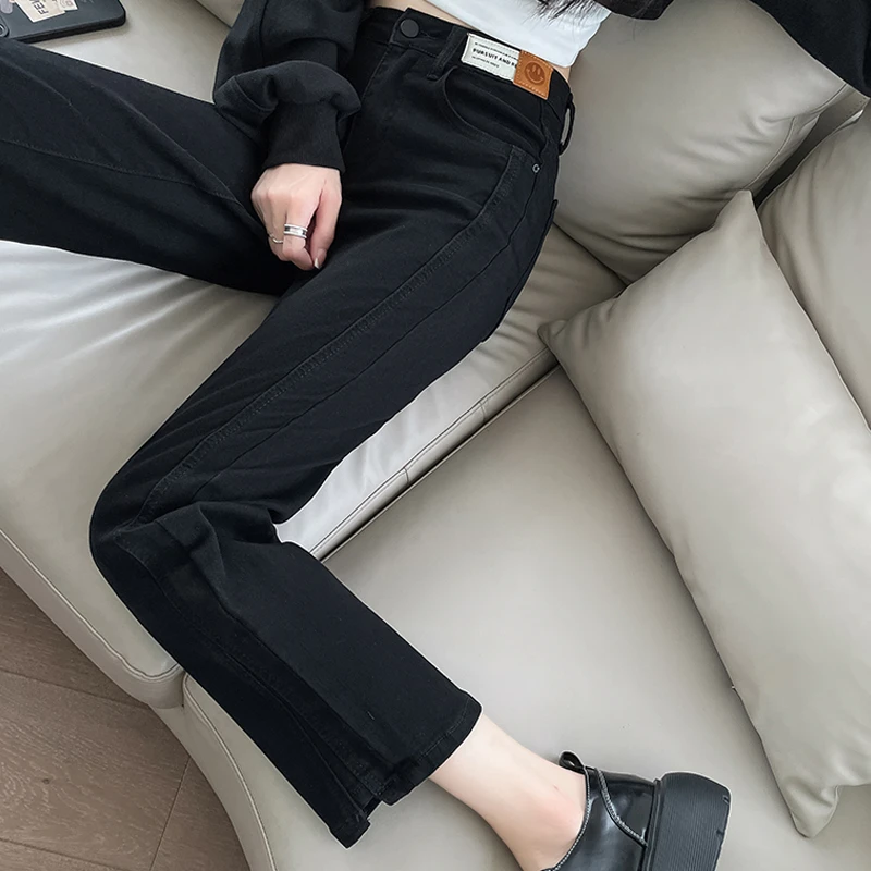 加绒牛仔裤女小直筒2025秋冬新款高腰显瘦九分黑色小个子烟管裤