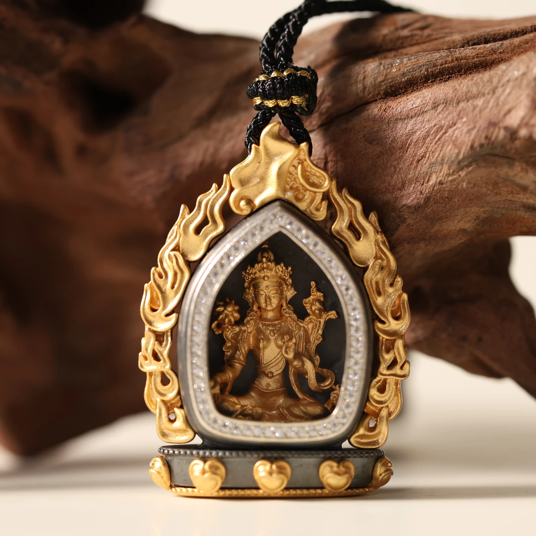 925银银制品 手工设计绿度母银镶吊坠