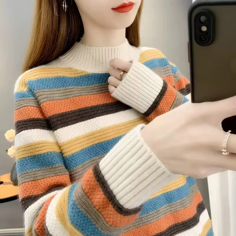 半高领条纹毛衣女2024秋冬新款设计感日系慵懒风加厚针织打底上衣