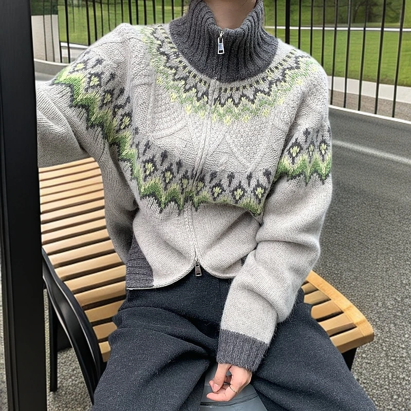 北欧风高领毛衣针织开衫复古提花费尔岛时尚撞色拉链毛衣外套女