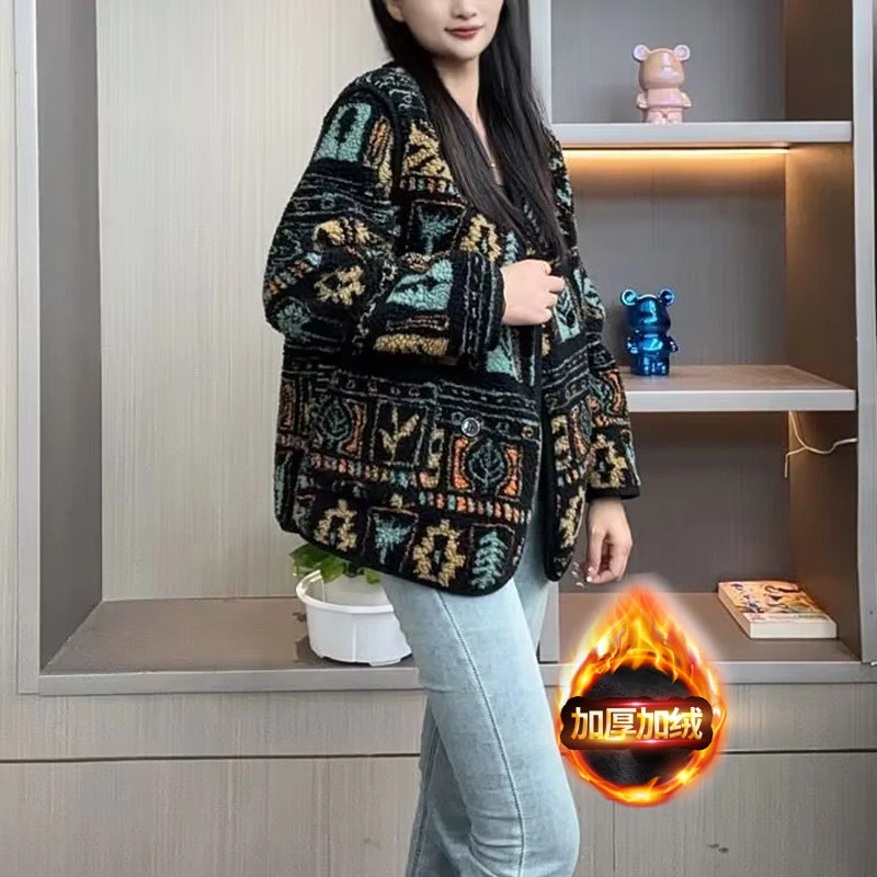 颗粒绒外套女2024秋冬新款时尚百搭撞色落肩上衣民族风外套女