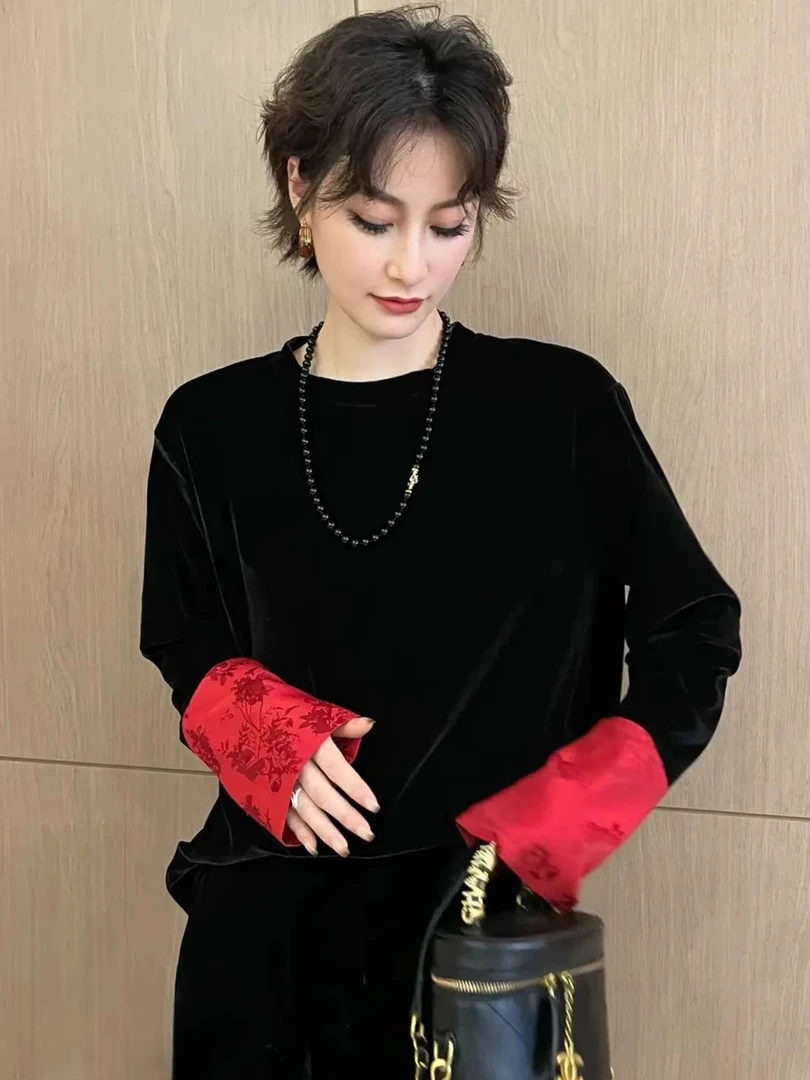 新中式国风丝绒拼接撞色圆领上衣女春季复古禅意宽松休闲长袖T恤