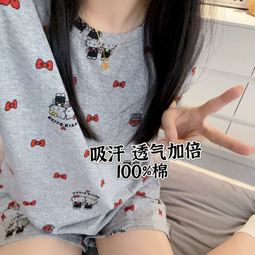 夏季纯棉休闲简约睡衣女短袖短裤家居服（ KT猫咪两件套NN）