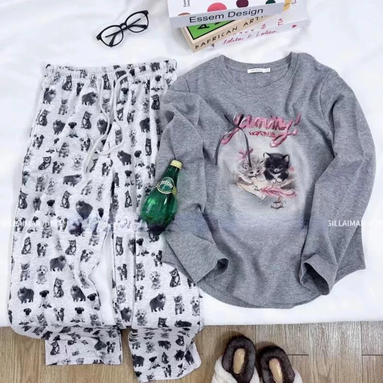 睡衣女冬季新款纯棉长袖长裤甜美可爱设计感家居服套装（慵懒猫咪）