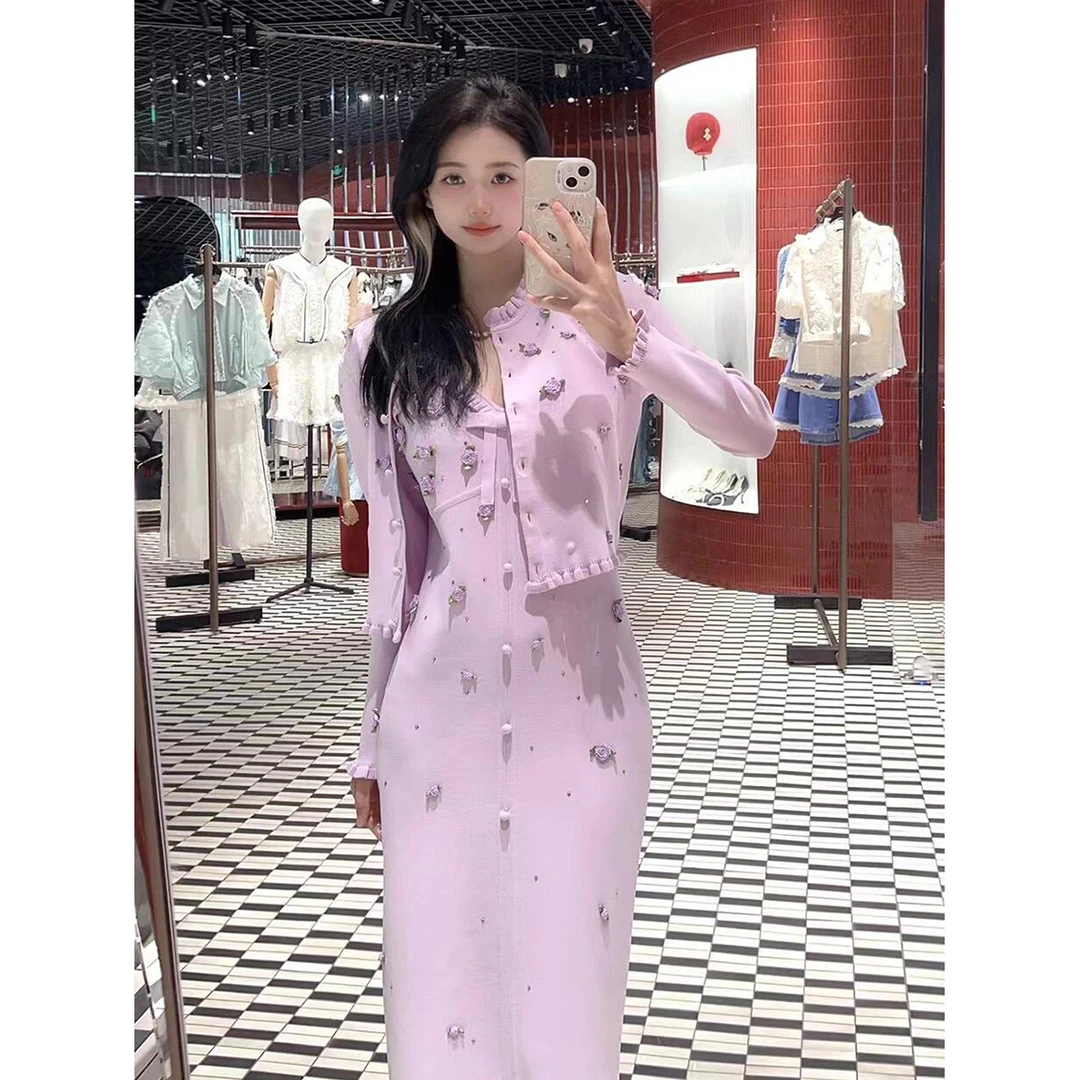 拉拉家2024秋季新款紫色少女钉珠针织开衫吊带裙套装GFC106069