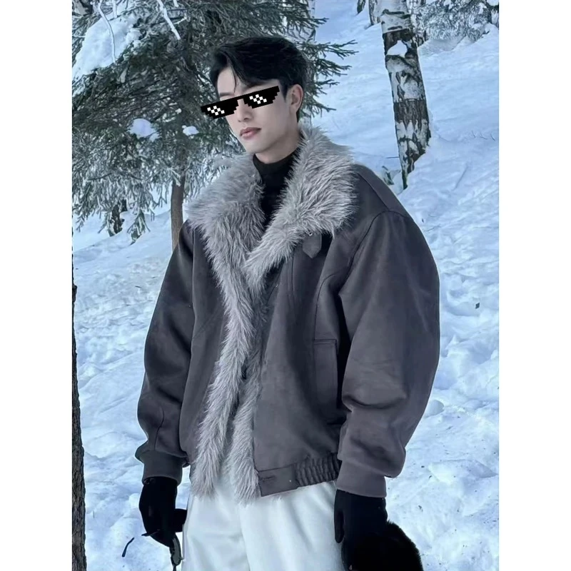 LIGGICC2025冬季座山雕新款皮毛一体短款加厚保暖翻领棉服外套男