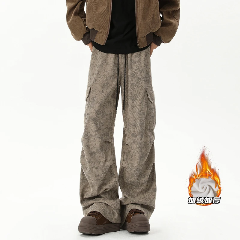 加绒加厚美式扎染灯芯绒工装休闲裤男士高街阔腿伞兵裤宽松直筒裤