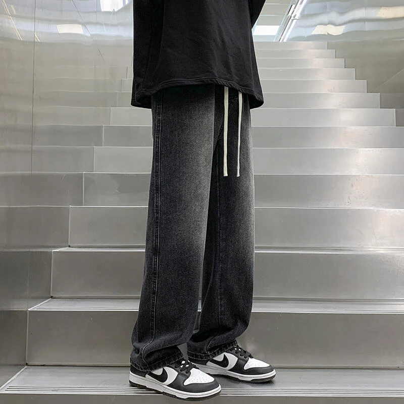 美式复古高街百搭宽松牛仔裤加绒男松紧腰直筒水洗休闲潮流阔腿裤