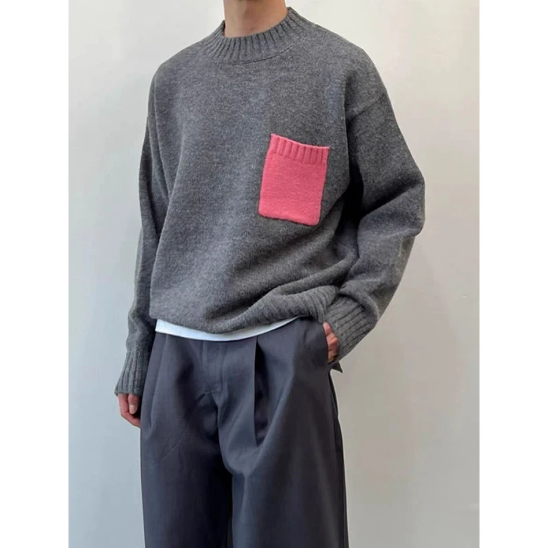口袋撞色圆领灰色毛衣男秋冬季cleanfit高级感慵懒风休闲针织外套