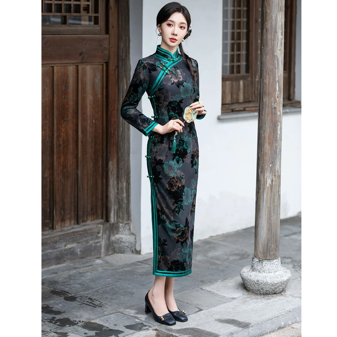 【绿牡丹】2024秋冬复古中国风加绒旗袍修身优雅气质