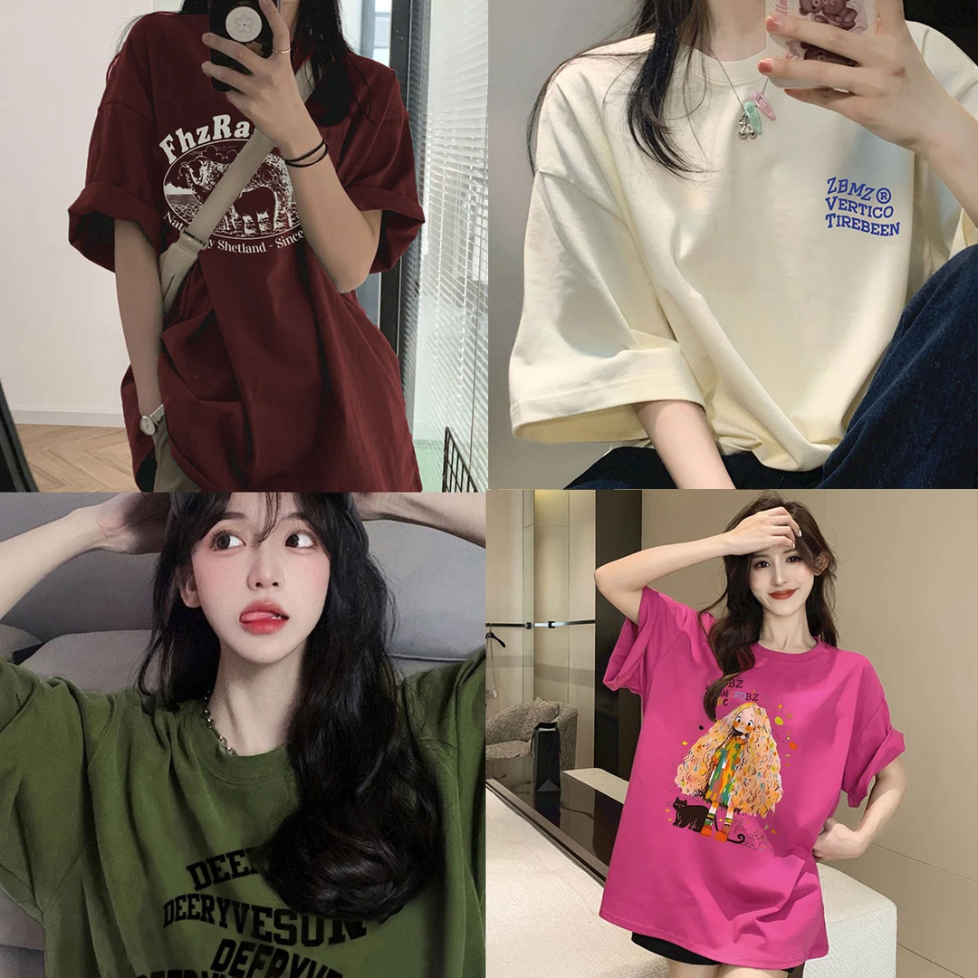 【纯棉 五件不过百】 夏季韩版短袖T恤宽松多巴胺穿搭小众印花上衣
