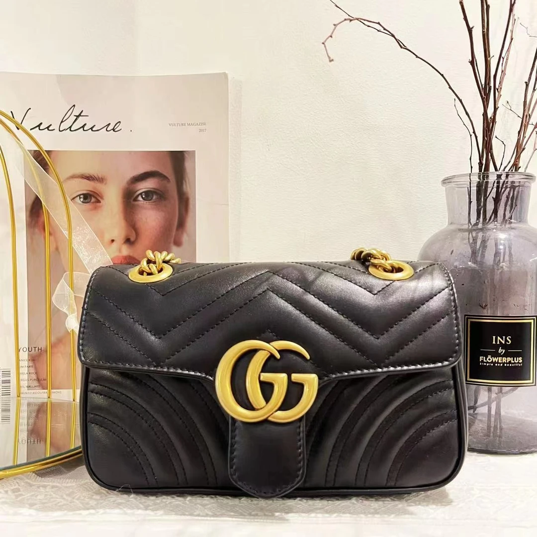 95新 GUCCI/古驰 马蒙22黑金单肩包斜挎包女士/F