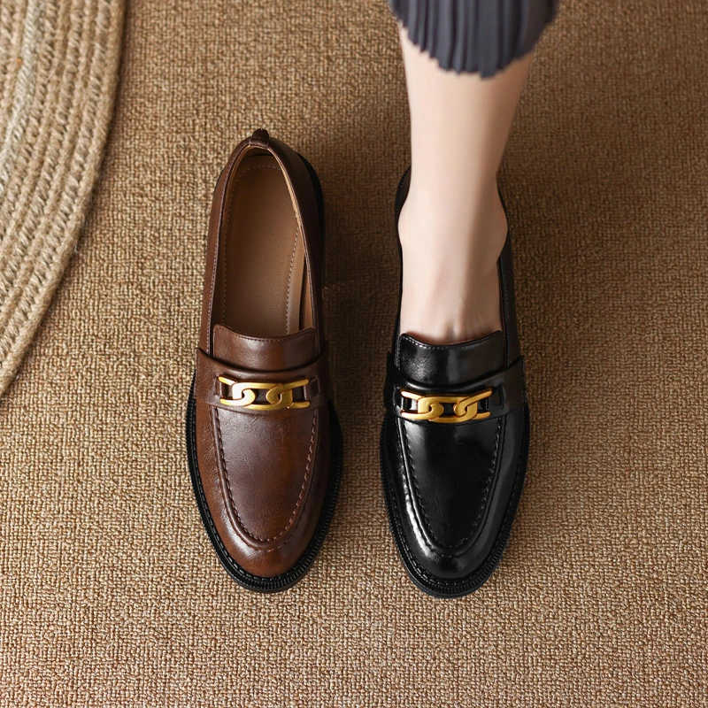 跟高4cm真皮复古中跟小皮鞋百搭一脚蹬单鞋春秋粗跟圆头乐福鞋女