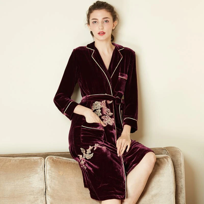 新款手工绣花桑蚕丝丝绒奢华长款中长款女睡衣睡袍/浴袍（单袍）