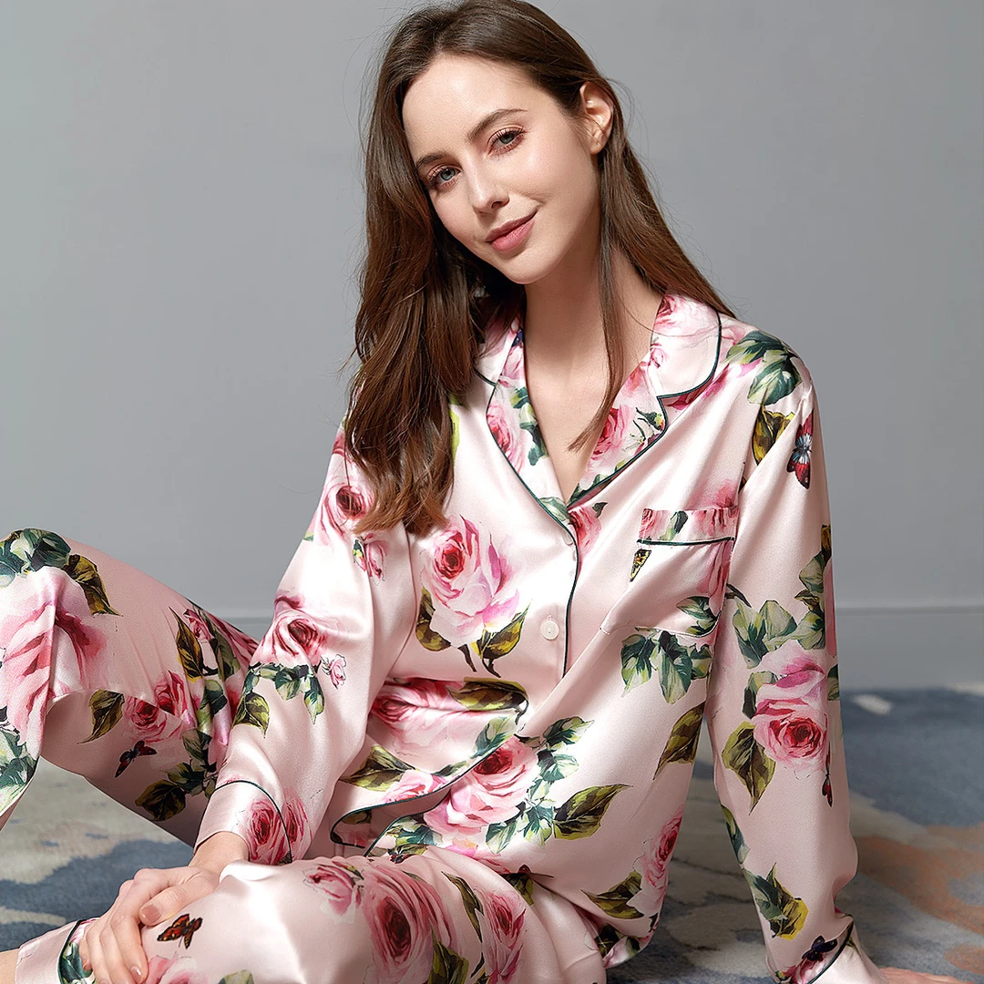 加大码宽松自在19姆米桑蚕丝花朵图案长袖真丝宽松款式居家服套装