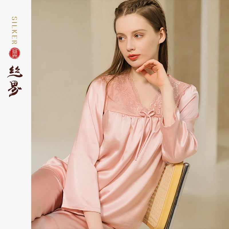 春季新品100%桑蚕丝简约时尚V领长袖长裤女士真丝家居服睡衣蕾丝