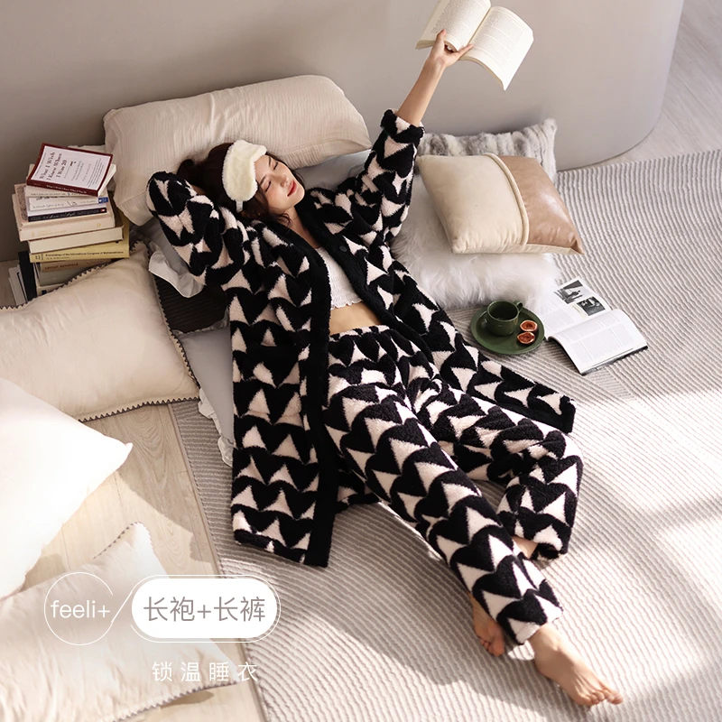 栗茵睡衣女秋冬珊瑚绒长款睡袍加厚加绒冬季浴袍法兰绒家居服睡袍