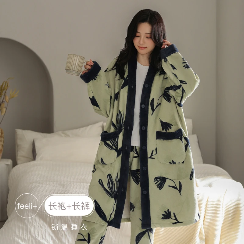 睡袍女冬季珊瑚绒中长款加厚加绒浴袍法兰绒睡衣秋冬款家居服套装