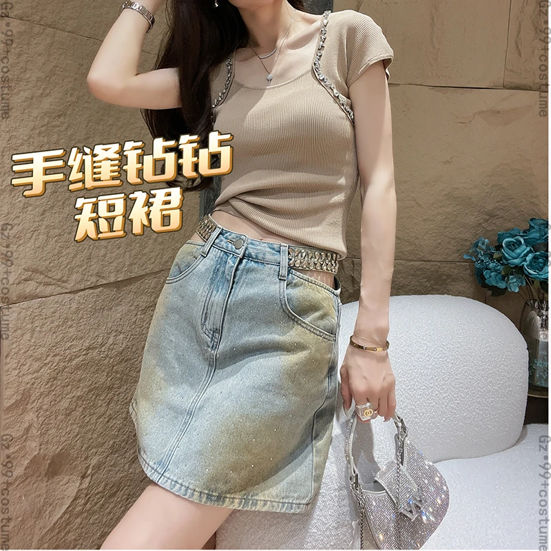 小九推荐〗美好前行 2023夏季新款时尚手缝钻钻牛仔裙-K6677显瘦