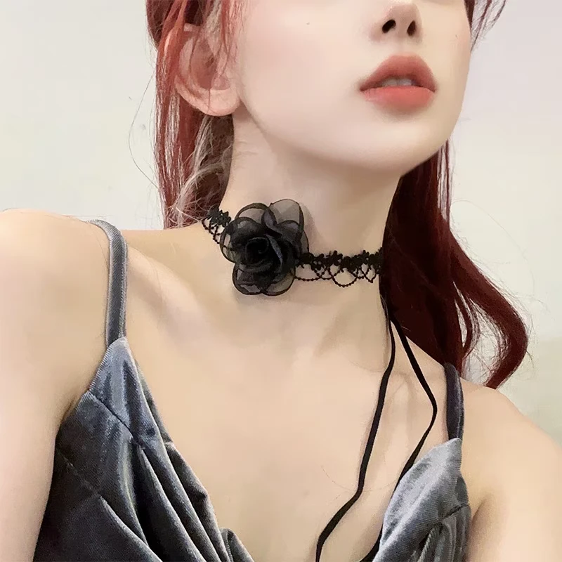 非金属布艺项链 复古暗黑少女蕾丝绑带项链锁骨链绑带黑色项链