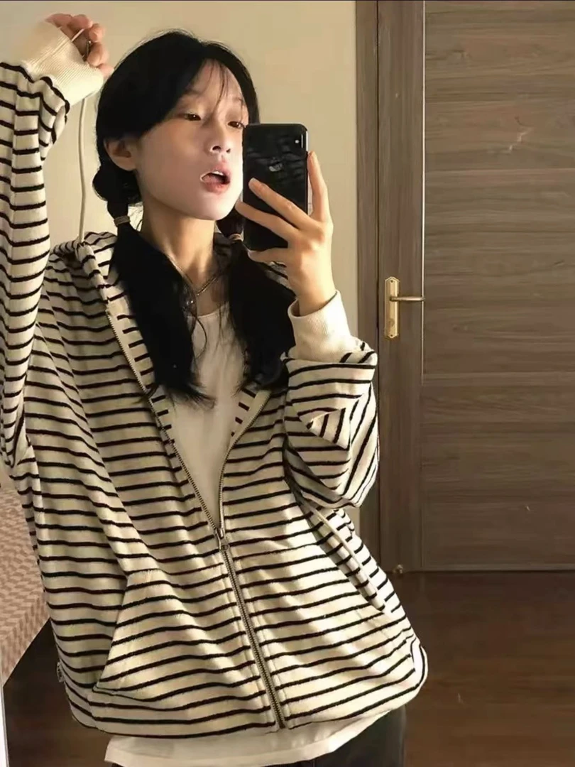 美式复古开衫条纹卫衣女秋季新款宽松慵懒风oversize拉链连帽外套