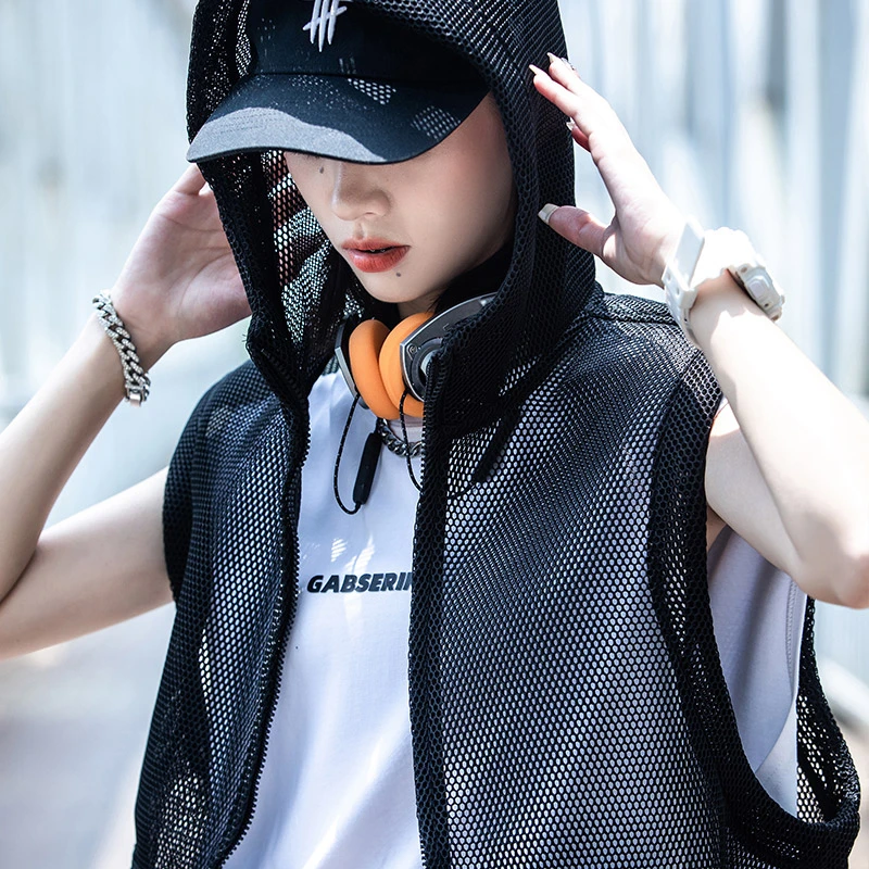 AOGZ国潮牌夏季透气网格马甲男女无袖坎肩套装短裤情侣款马夹外套