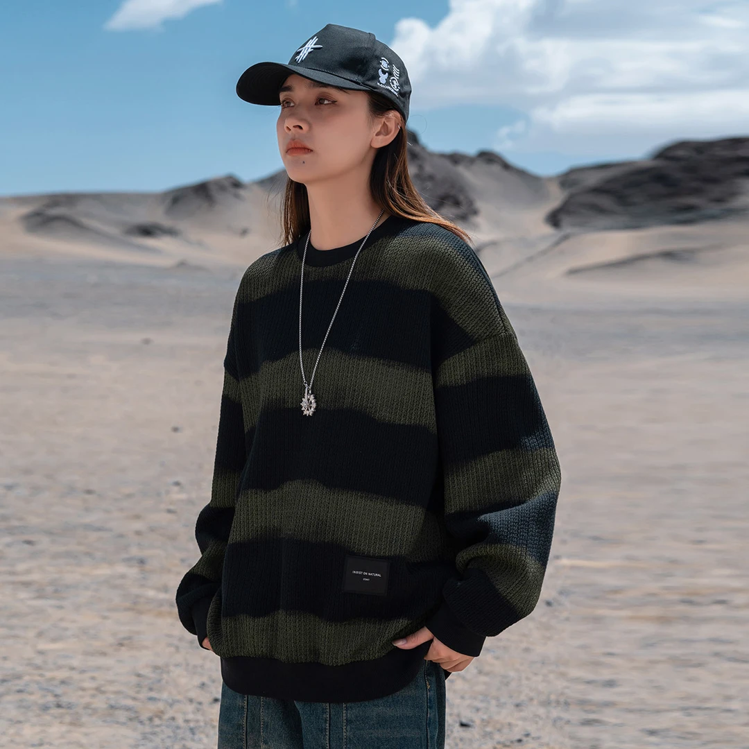 AOGZ设计感横条纹毛衣男女秋冬季新款宽松圆领套头渐变情侣针织衫