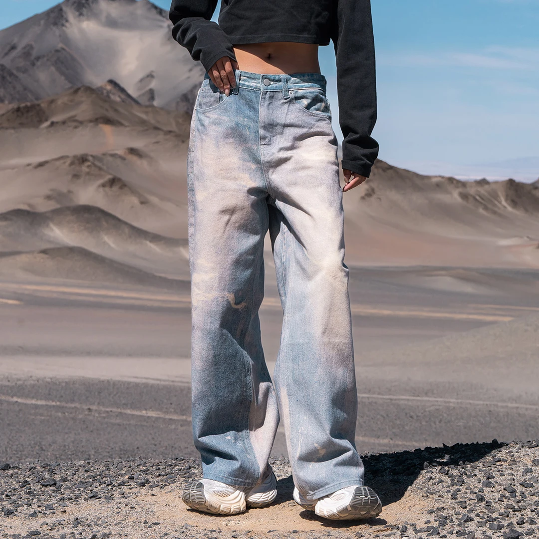 AOGZ国潮牌破洞牛仔裤男女春秋季2025新款微喇拖地裤复古直筒裤子