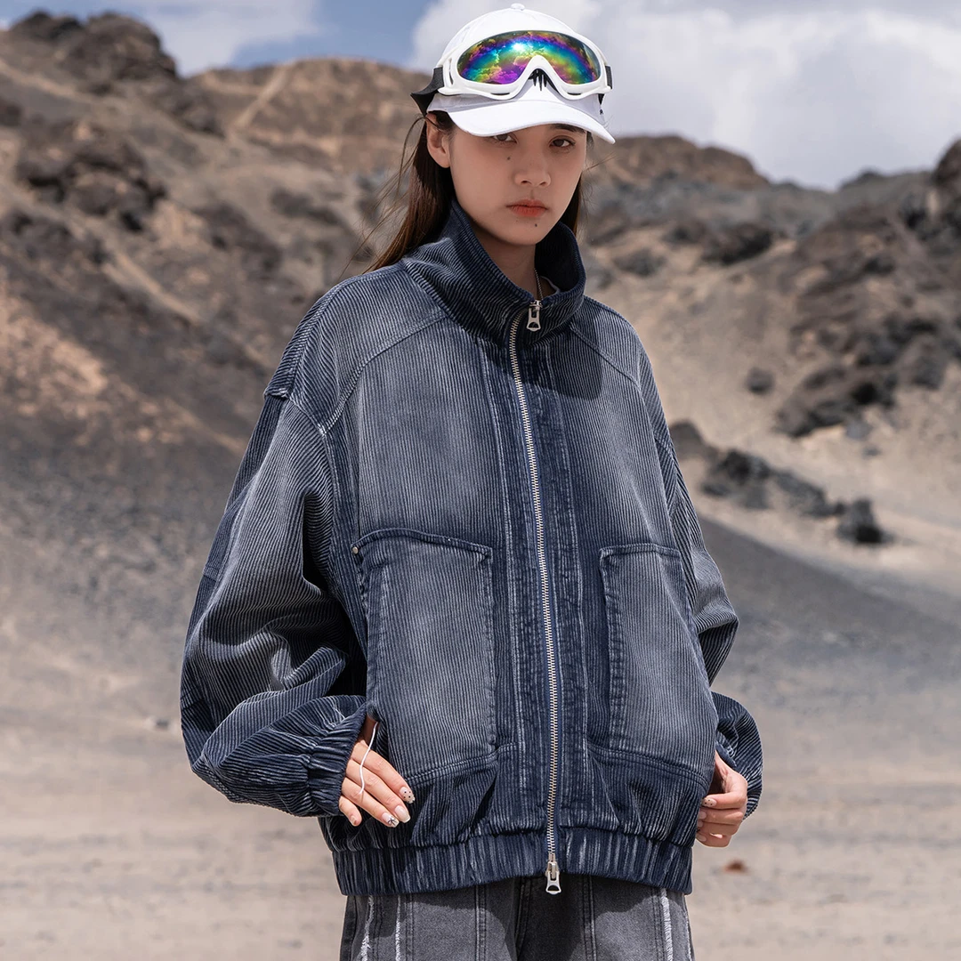 AOGZ美式复古灯芯绒外套男女春秋季新款重工水洗渐变立领情侣夹克