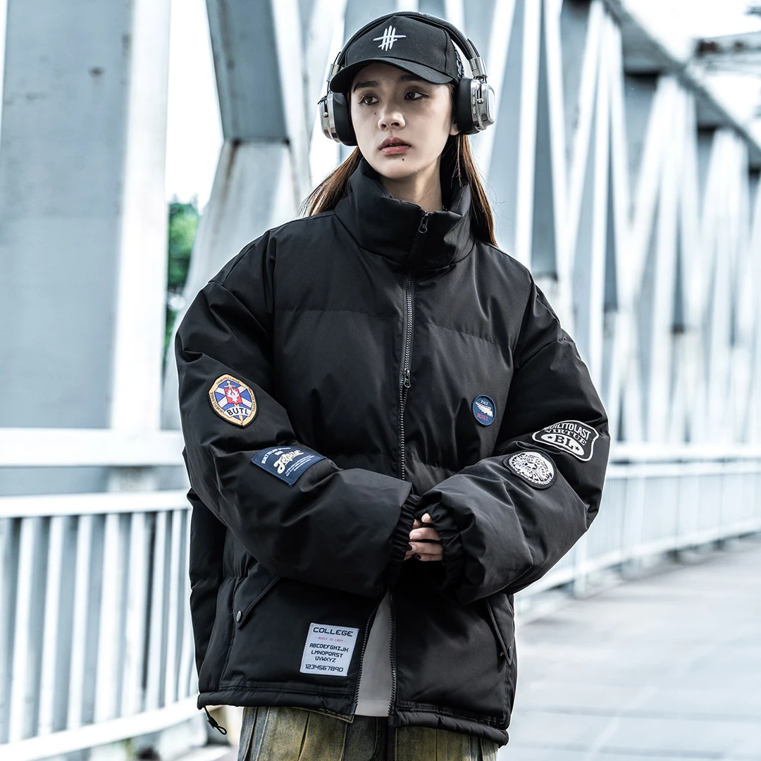 AOGZ国潮美式复古多标立领飞行服棉衣男女宽松保暖面包服情侣外套