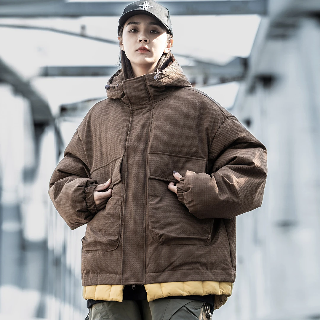 AOGZ国潮撞色拼接假两件连帽棉衣男冬季拉链宽松保暖工装棉衣外套