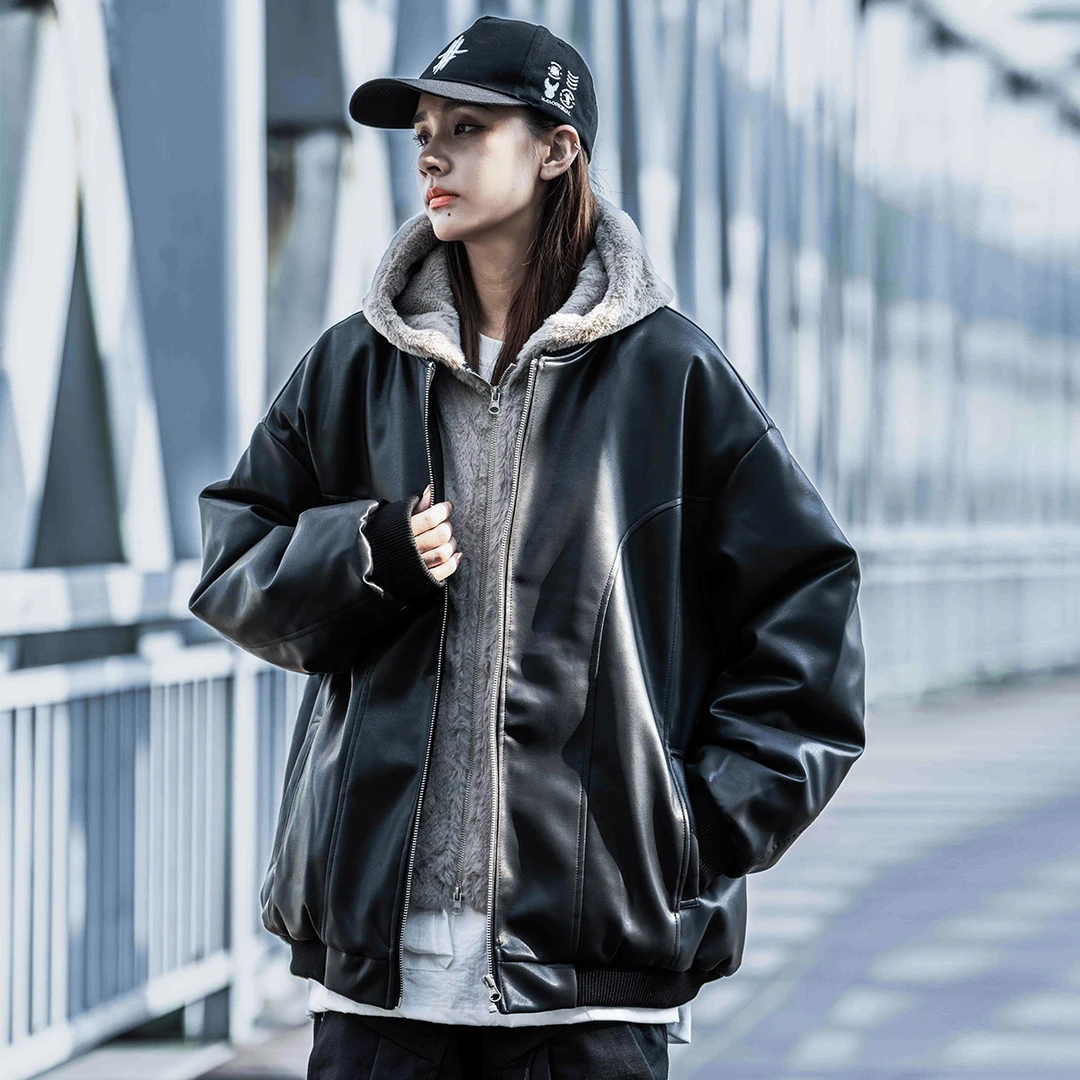 AOGZ国潮美式毛绒假两件pu皮衣外套男女冬季加厚痞帅炸街连帽棉服