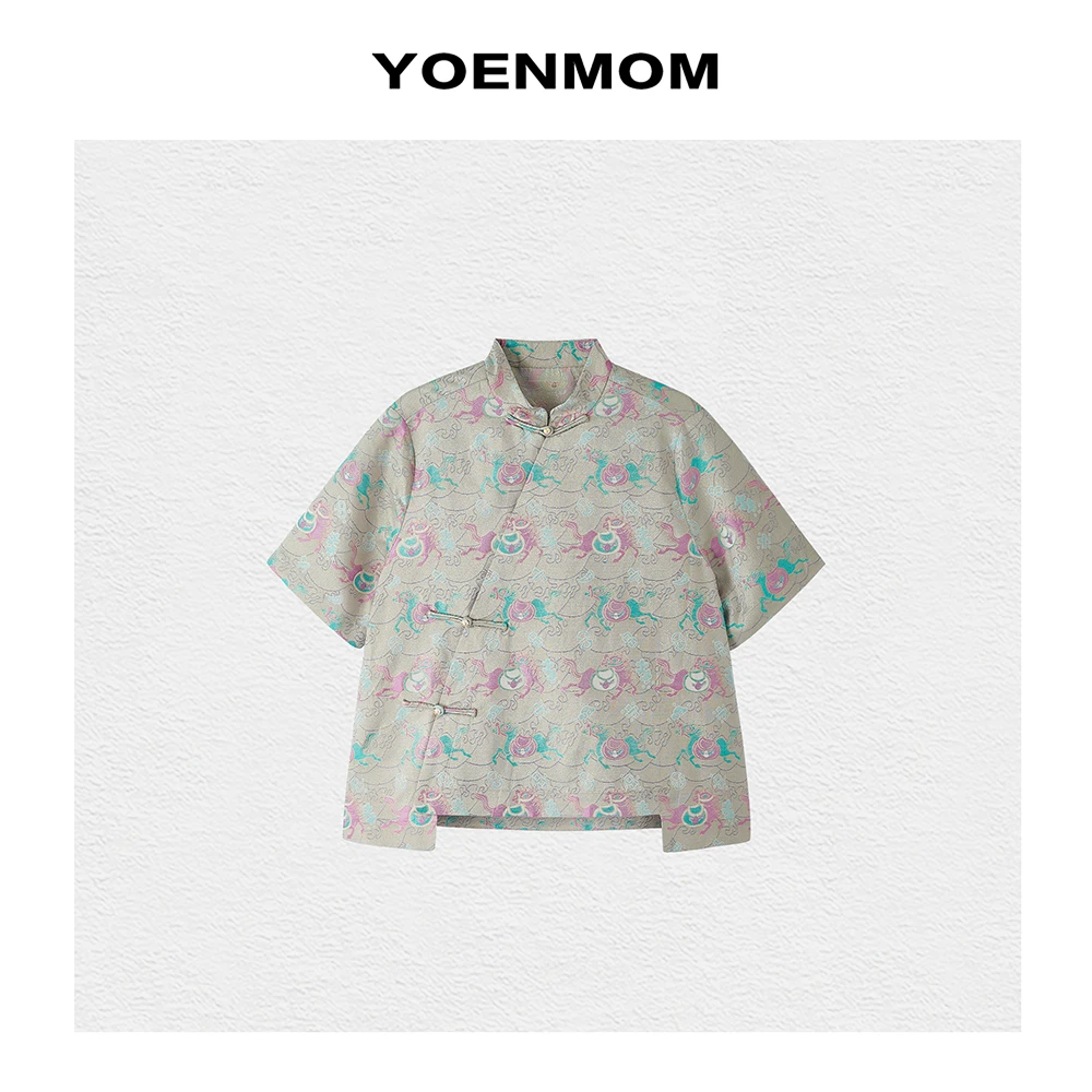 YOENMOM·马踏浪花2024夏季新品 桑蚕丝织金异色罗斜襟珍珠扣上衣