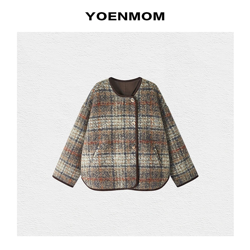 YOENMOM·舒芙蕾·秋冬新品 进口羊毛法式复古格纹氛围感毛呢外套