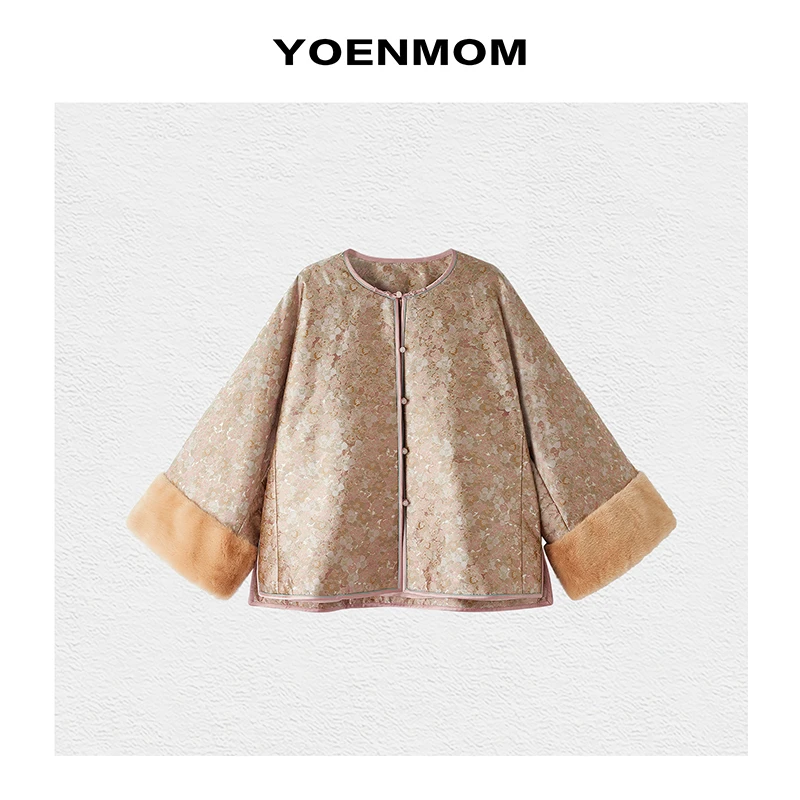 YOENMOM·花间弥香·100桑蚕丝宋锦拼进口水貂毛夹羊绒棉对襟款棉服