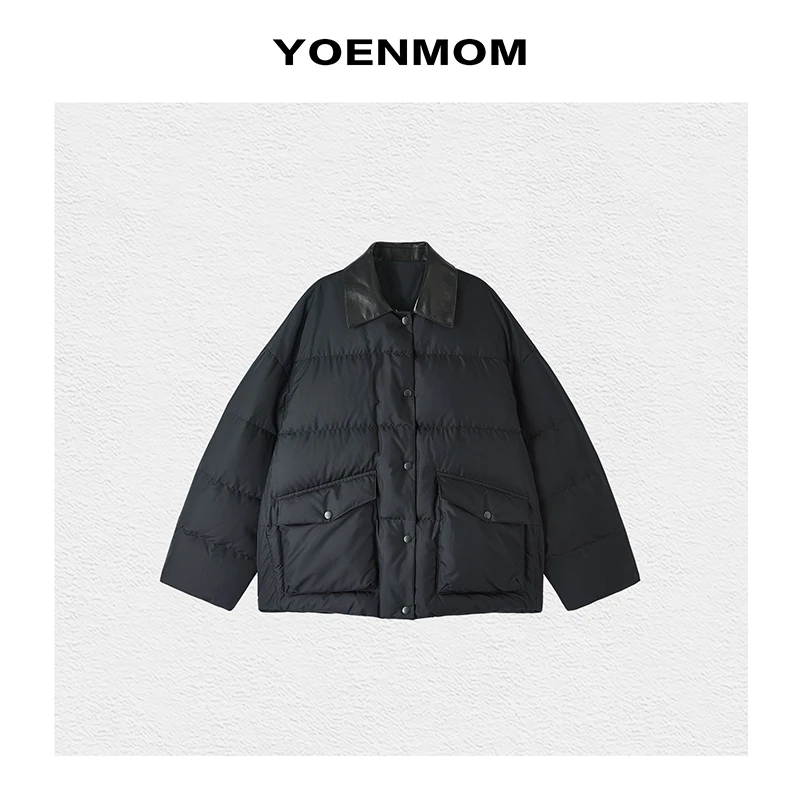 YOENMOM·时髦刚需·秋冬新品 100桑蚕丝m*iu风拼小羊皮翻领鹅绒服