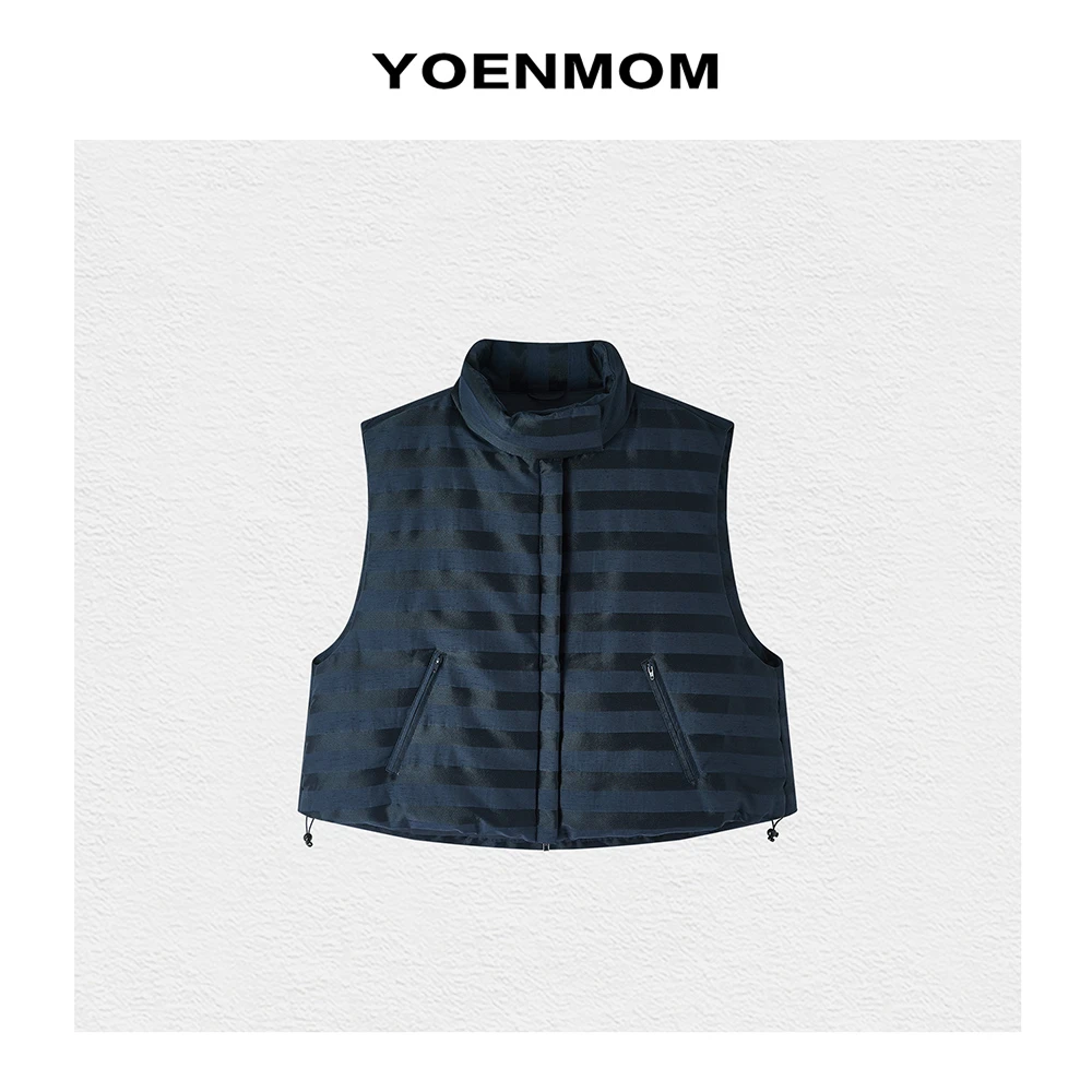 YOENMOM·自由式·秋冬新品 简约复古条纹宽松百搭小立领鹅绒马甲