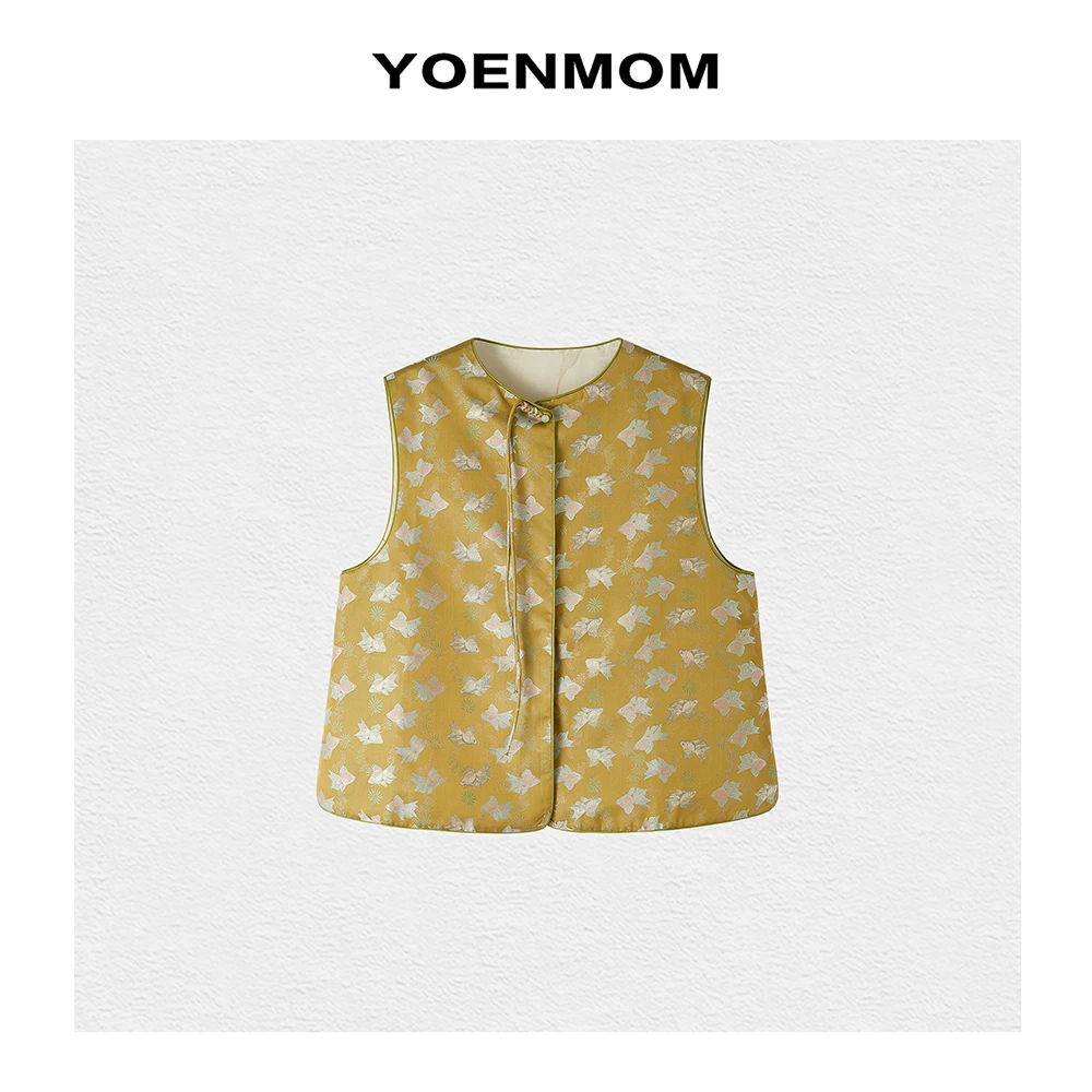 YOENMOM·金鱼水藻·100桑蚕丝织金宋锦流苏扣圆领马甲