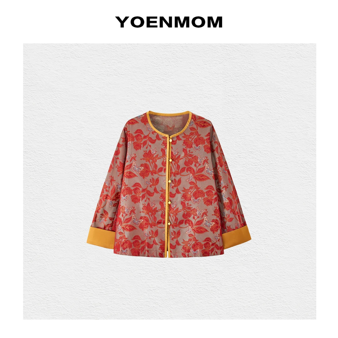 YOENMOM·灵蝶舞·100桑蚕丝异色罗翻袖中式圆领上衣