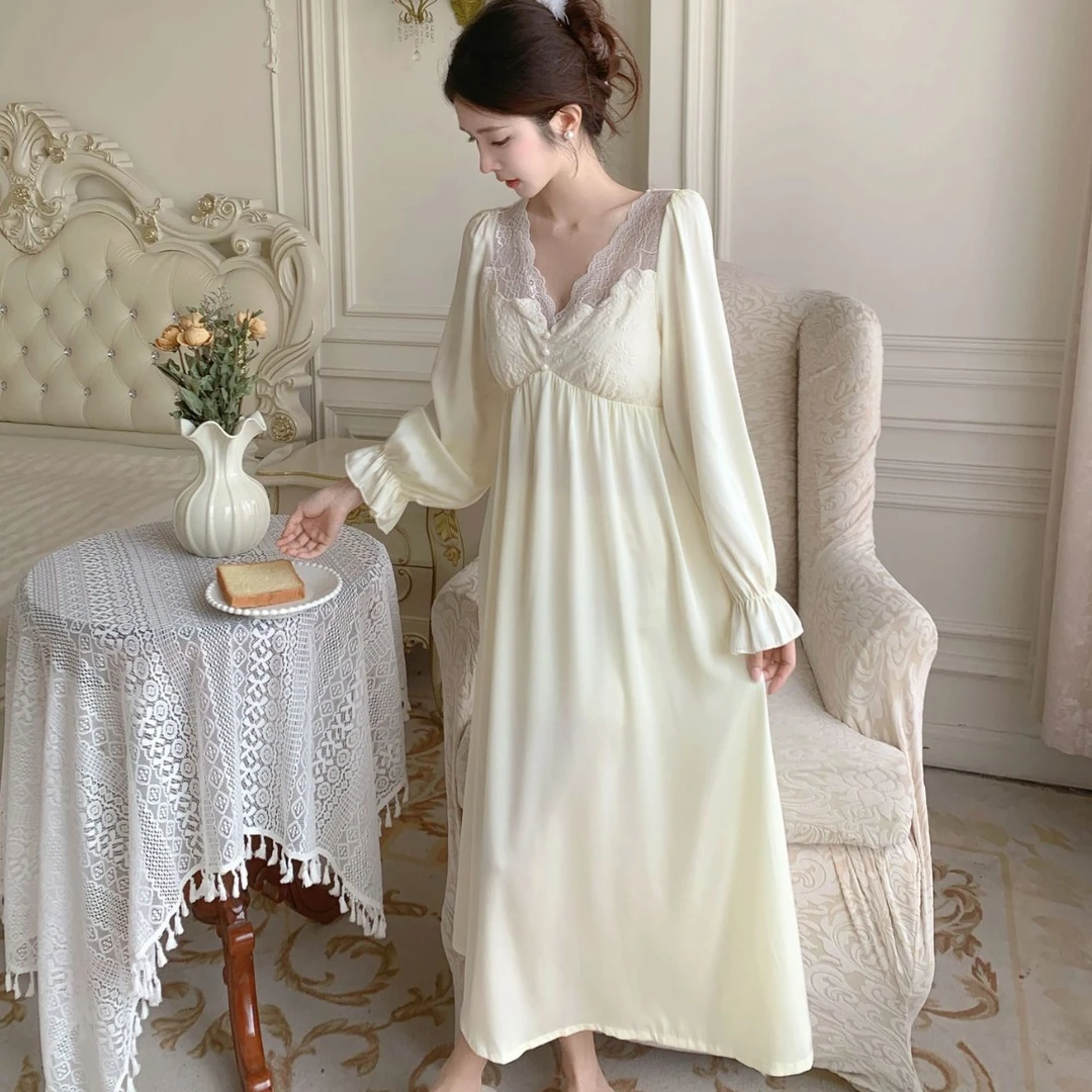 新款宫廷风睡裙长款女士冰丝睡衣纯欲睡衣长袖复古家居服