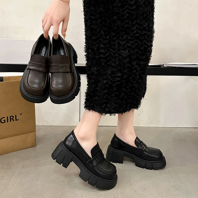 法式厚底粗跟英伦风小皮鞋女2024新款春秋季一脚蹬单鞋黑色乐福鞋